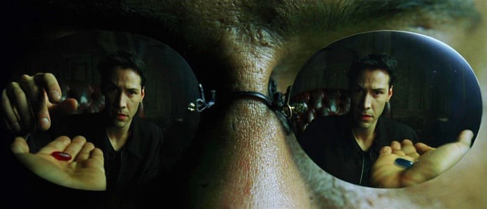Morpheus giving a choice of a red or a blue pill